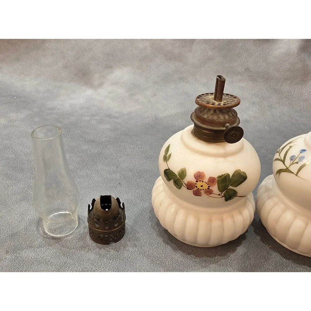 Vintage Miniature Milk Glass Oil Lamps Pair Hand Painted Floral 8.5 Inch Set